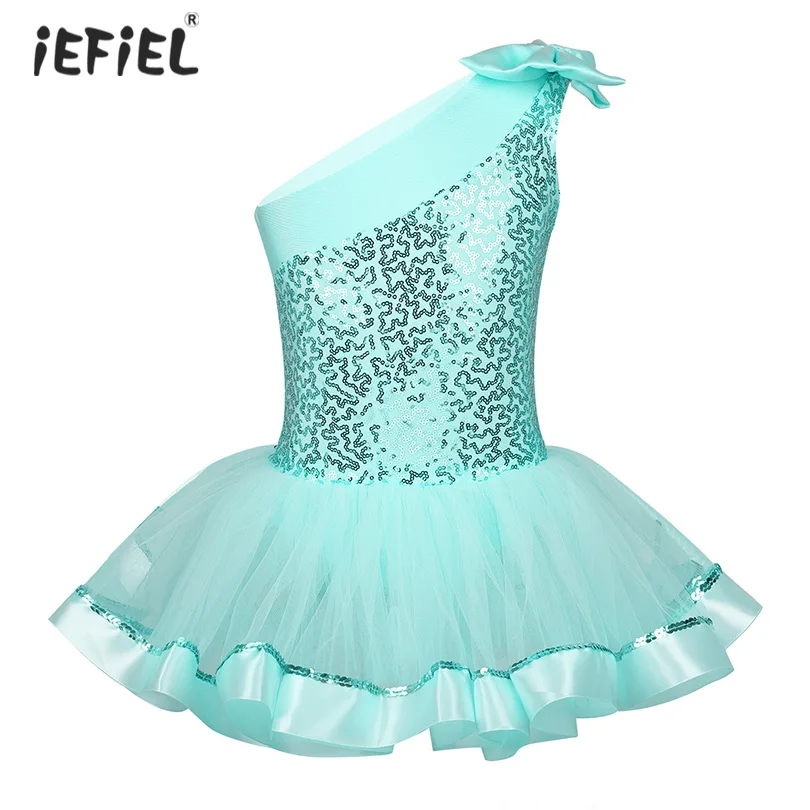 Iefiel для детей Балетное платье для девочек одежда для занятий гимнастикой на одно плечо балетки; танцевальная одежда для девочек костюм для девочек с блестящими пайетками балетный костюм платье-пачка
