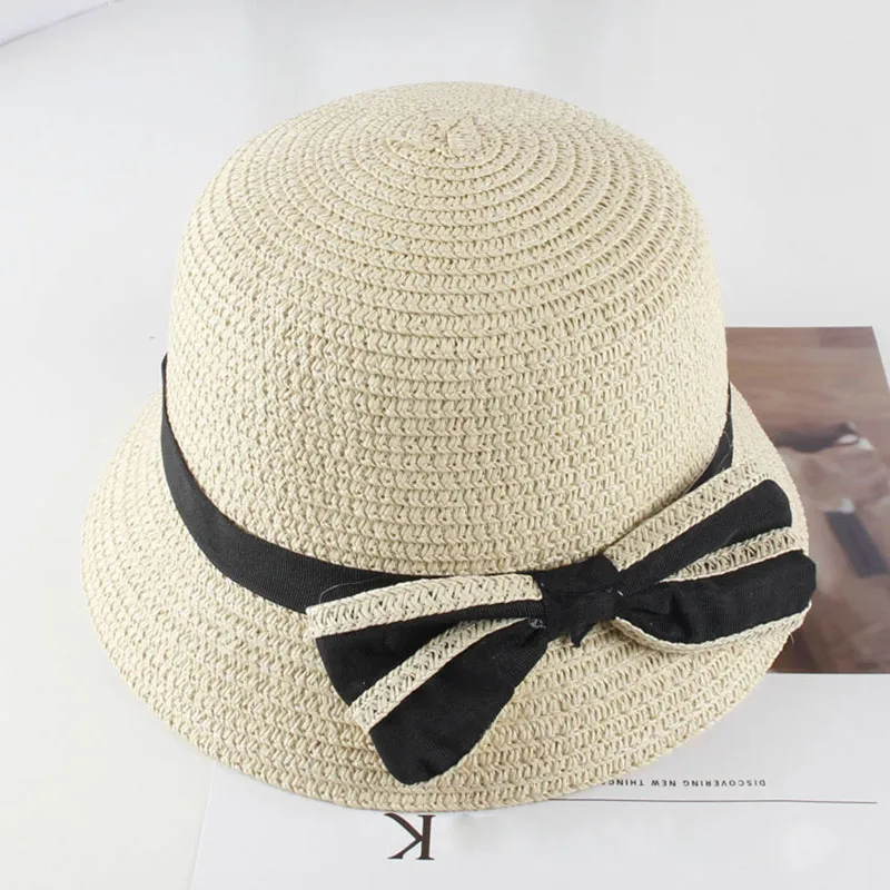 Лето Дети солнца пляжная шляпа бантом дети соломенная шляпа для девочек Повседневное Панама - Цвет: beige