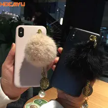 

HOCAYU Luxury Plush Fur Ball Pearl Chain PU leather Mobile Phone Cover Case For IPhone 6 6s 7 7plus 8 X Case White Women Cover