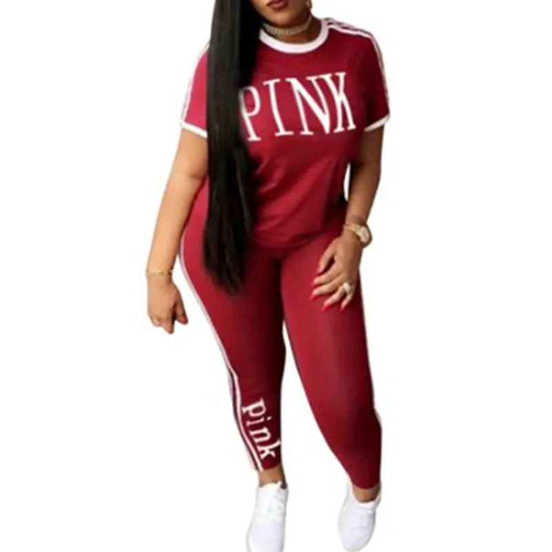 

Fashion sexy women casual pink letter print short sleeve T-shirt + Long Pants 2pcs sets casual tracksuit Women outfits S-2XL