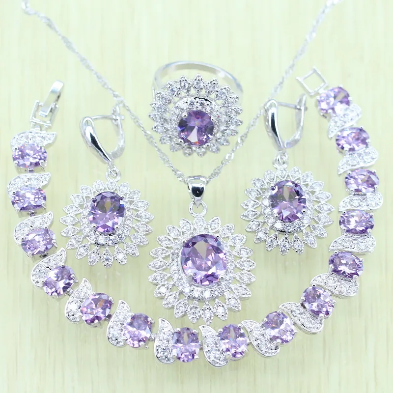 

Flower White zircon Purple Crystal Jewelry Set Silver color For Women 925 Logo Bracelets/Necklace/Earrings/Ring/Pendants