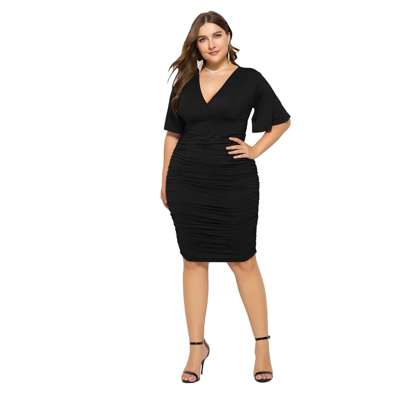 

Women Outfits 2018 Sexy V Neck Fashion Party Elastic Stretch Bodycon High Waist Plus Size Knee Length Midi Dress xxl 3xl 4xl