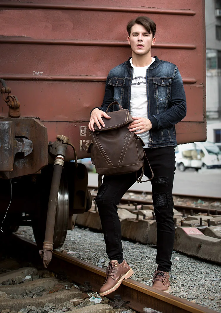 Outdoor Model Show of Woosir Large Vintage Leather Backpack