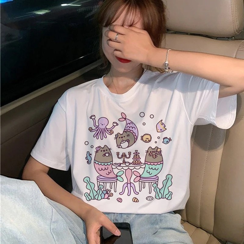 Футболки Pusheen с котом женские футболки в стиле Харадзюку забавная мультяшная