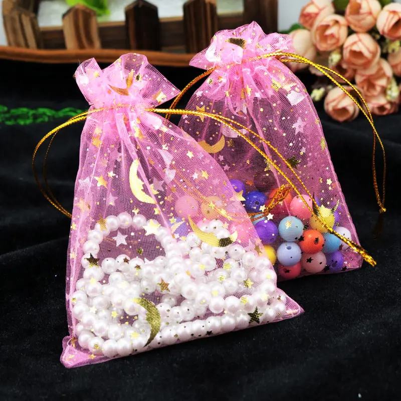 50 шт. 10 цветов, сумка для ювелирных изделий 7x9 9X12 см, свадебный подарок, Сумка из органзы с изображением звезды и Луны, упаковка для ювелирных изделий, упаковка для показа и сумки для ювелирных изделий - Цвет: Pink
