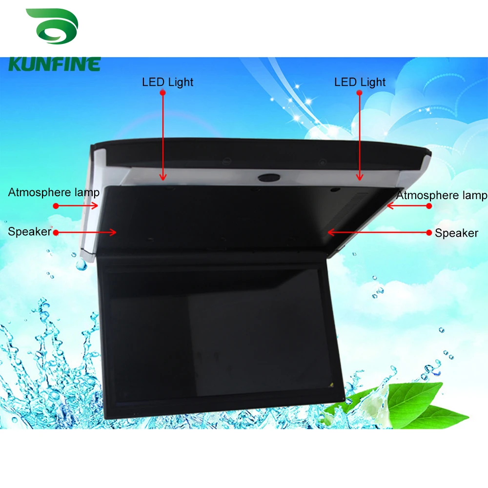 KUNFINE (15.6 Inch) Car Roof Monitor LCD Flip Down Screen Overhead Multimedia Video Ceiling Roof mount Display (Build in IRFM Transmitter USB  (8)(1)
