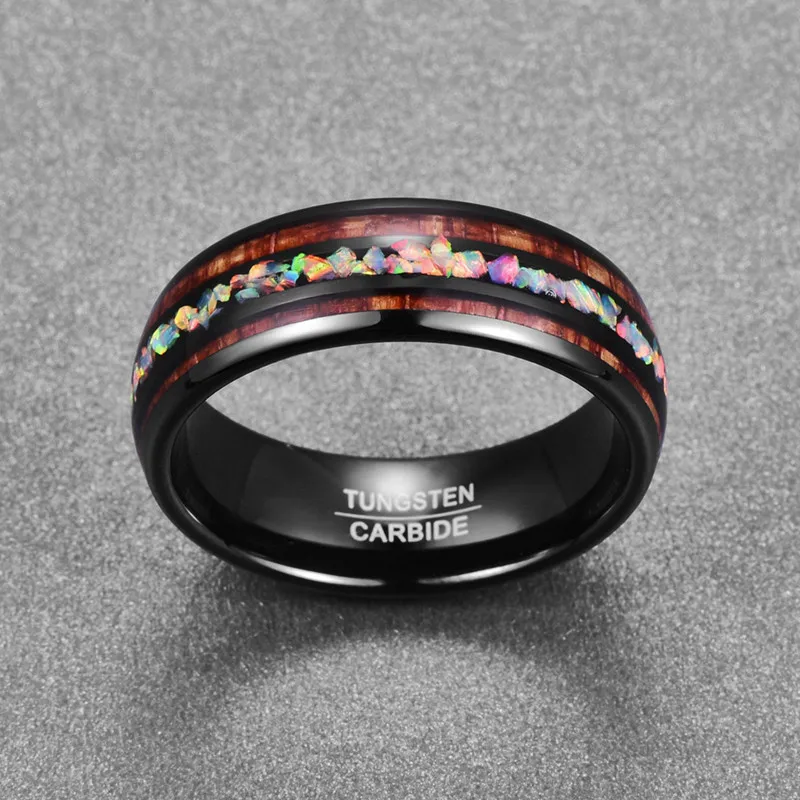 2018 Personality Tungsten men's Ring Engagement Wedding Jewelry ring vintage Dome Black Acacia Wood Opal rings never fade