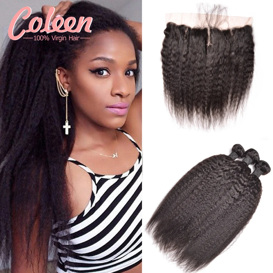 Brazilian Virgin Hair With Closure 3 Bundles Kinky Straight Hair With
