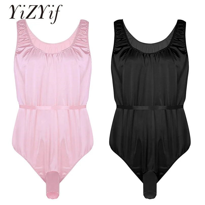 Yizyif Men Sissy Jockstraps Bodysuit Onepiece Satin Crossdress Bodysuit Lingerie Sleeveless
