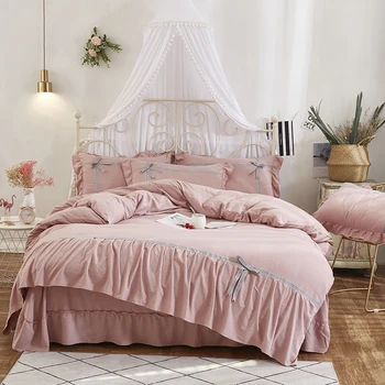 

Korean Style Pink Gray Purple Blue Washed Cotton Girls Bedding Set Bowknot Duvet Cover Ruffle Bed Sheet Bed Linen Pillowcases