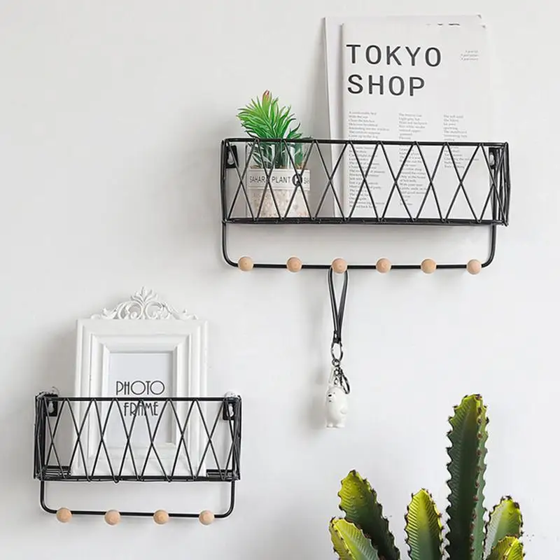 Nordic Style Wrought Iron Storage Rack Grid Wall Mounted Shelf Home