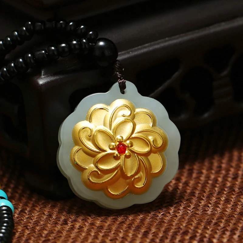 

Gold Inlaid Jade Jewelry Sun Flower Pendant 3D4D Full Gold White Hetian jade Women Necklace Pendant Gift Boxed Birthday Present
