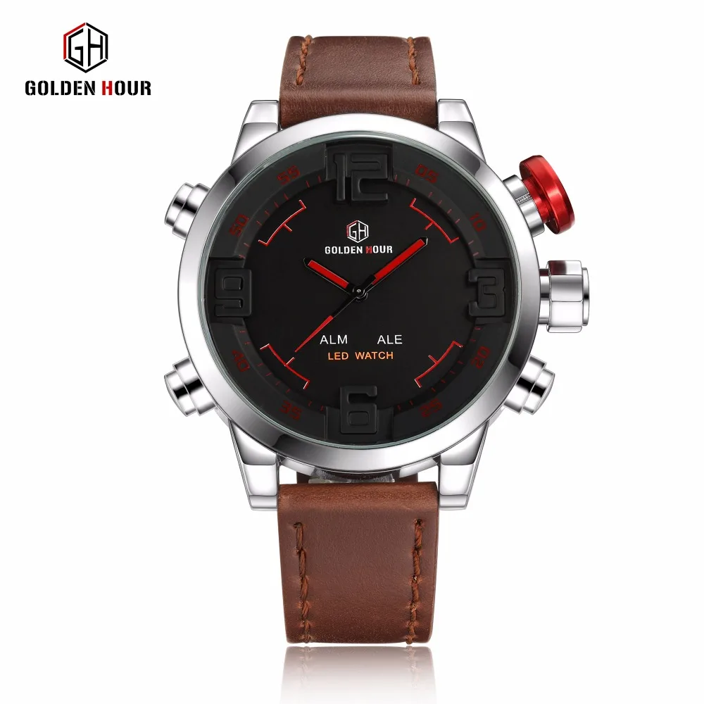 

GOLDENHOUR Top Luxury Brand Quartz Watches Men LED Clock Fashion Leather Waterproof Sport Watch Military Style Relogio Masculino