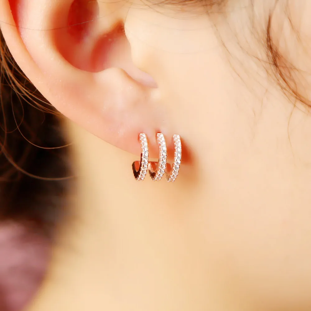 

Brincos New Brinco 2019 High Quality Sparkling Full Cz Paved 3 layers Earring Stud Real 925 Sterling Delicate Stackable Hoops
