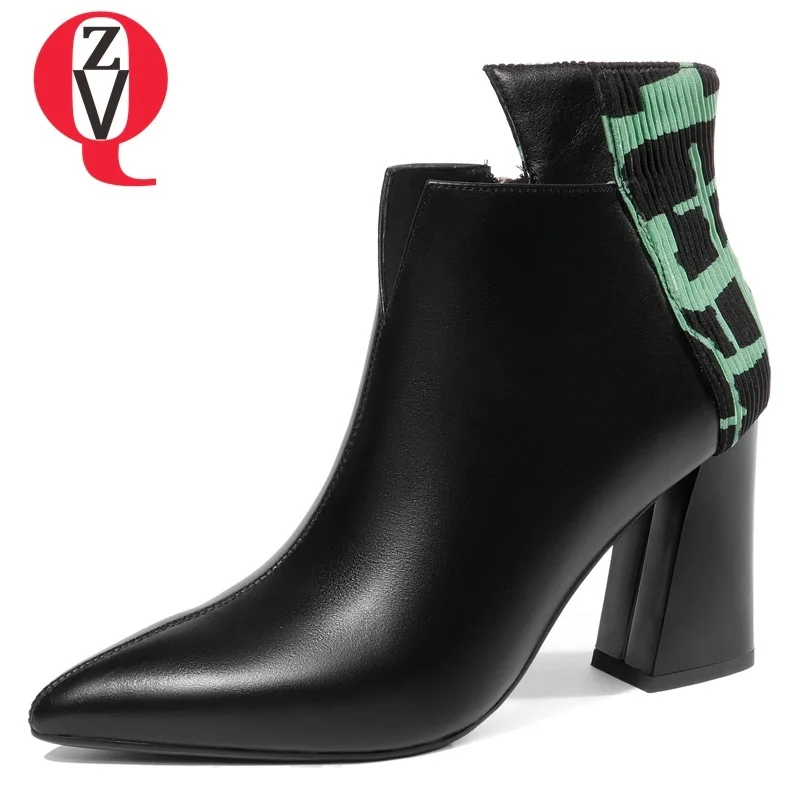 

ZVQ newest popular pointed toe super high square heel zipper mixed colors genuine leather winter warm fashion women ankle boots
