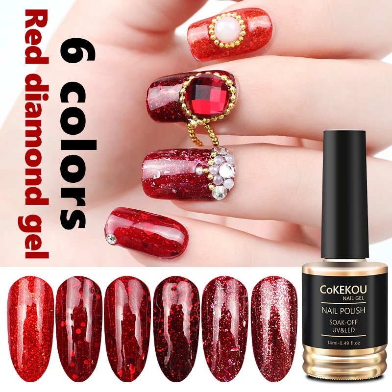 CoKEKOU Hybrid Semi-permanent 3D Christmas bride Red Diamond Nail Gel Varnish Glitter Nail Gel Polish Long Lasting Nail Gel Lak