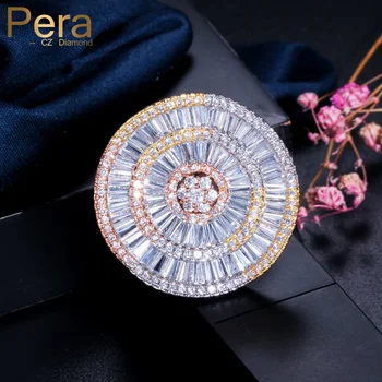 

Pera Full Sparkling Cubic Zirconia Micro Pave Big 3 Tones Round Rose Gold Luxury Women Wedding Party Rings for Ladies R100