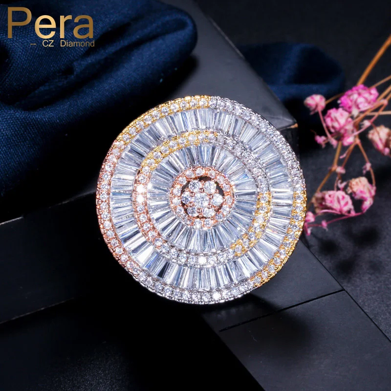 

Pera Full Sparkling Cubic Zirconia Micro Pave Big 3 Tones Round Silver Rose and Gold Color Luxury Women Wedding Party Rings R100