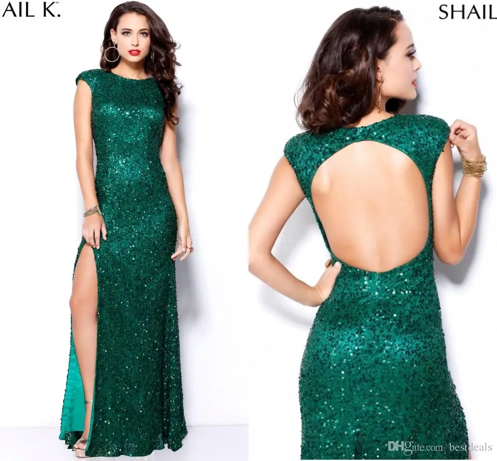  2016 Hunter Green Bling Crew Neck Sequins Backless Prom Dresses Long Side Split A Line Evening Gowns Shail K Party Dresses 2015 BA0273