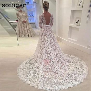 

2019 White Ivory Long Sleeves Lace A Line Wedding Dress Elegant Backless Bridal Dress Wedding Dress Bridal Gown Vestido De Noiva