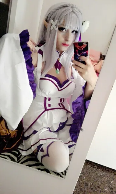 New ReZero kara Hajimeru Isekai Seikatsu Emilia Cosplay Costume Fancy Dress+Elf Ears Halloween Adult Costumes for Women (39)