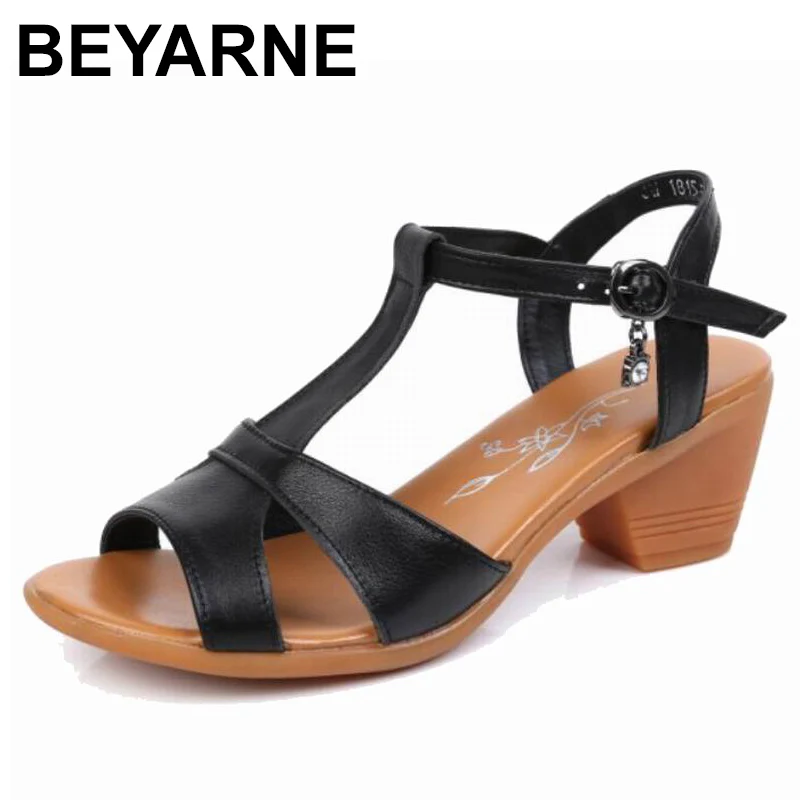 

BEYARNE2019 New Genuine Leather High Heels Gladiator Sandals Women Summer Open Toe Ladies Shoes Plus Size 34-43 E292