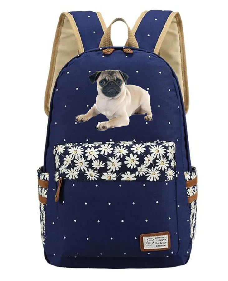 Cute Pug Dog Bulldog Animal Wave Point Flower Backpack Rucksacks