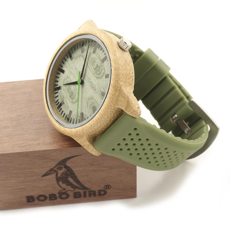BOBO BIRD B06 Original Bamboo Case Green Dial Wood Watch Mens Fashion Quartz Watch with Green Silicon Band holz armbanduhr