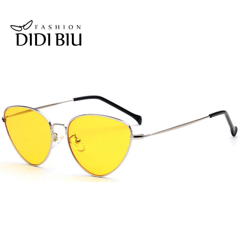 

DIDI 6Color Pink Sunglasses Women Cat Eye Hippie Italian Eyewear luxury brand Thin Metal Frame Flat Yellow Lens Frog Shades W640