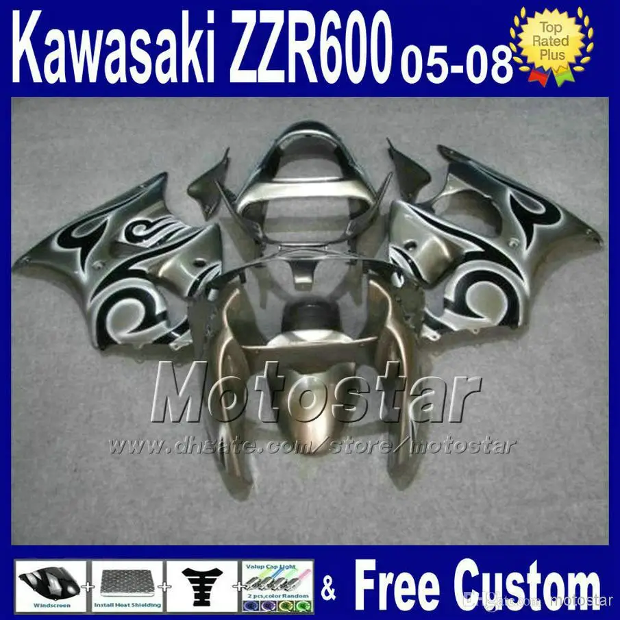 

7 gifts Low price fairing kit for 2005-2008 kawasaki ZZR 600 2005 2006 2007 2008 silver black fairings set ZZR600 05 06 07 08 PT