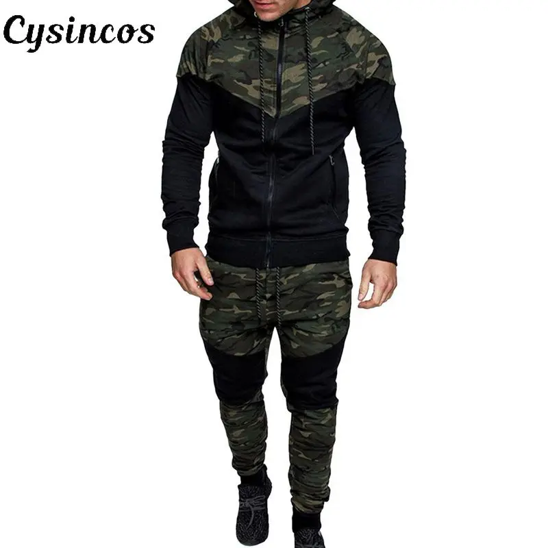 Deals CYSINCOS 2020 NEW Men Causal Camouflage Print sets Camo Jacket+Pants 2Pc Tracksuit Sportwear Hoodies Sweatshirt &Pant Suit Plus