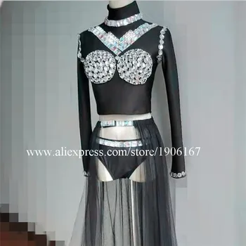 

Ballroom Dance Silver Mirror Costumes Sexy Dresses Women DJ Stage Show Wears Bar Outfit Clothes Party Performance Suit