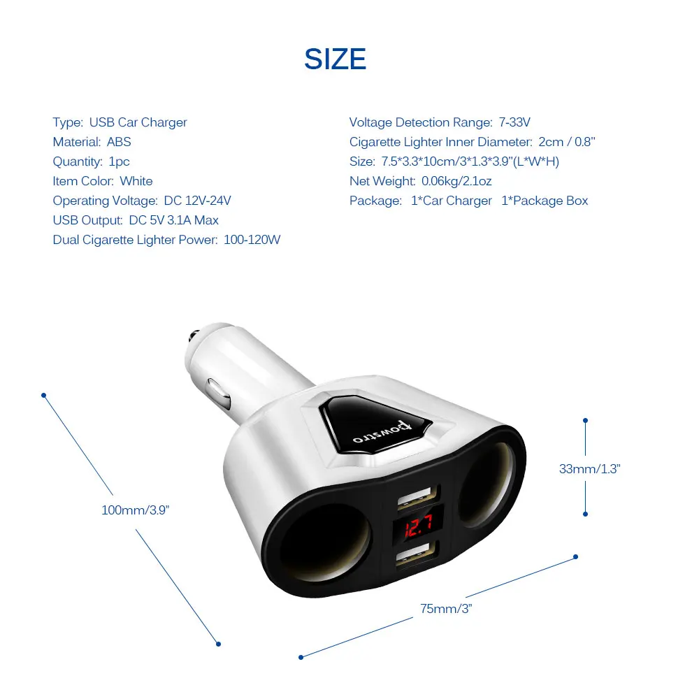 Powstro 3.1A устройство для автомобиля с двумя портами USB Зарядное устройство с 2 гнезда прикуривателя 120W Мощность Поддержка Дисплей ток Volmeter для iPhone iPad