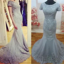 Neue Grau Appliques Lace Perlen Lange Formale Abendkleider Elegante Kurzarm Spitze Meerjungfrau Abendgesellschaft Kleid Lange Abschlussball-kleider