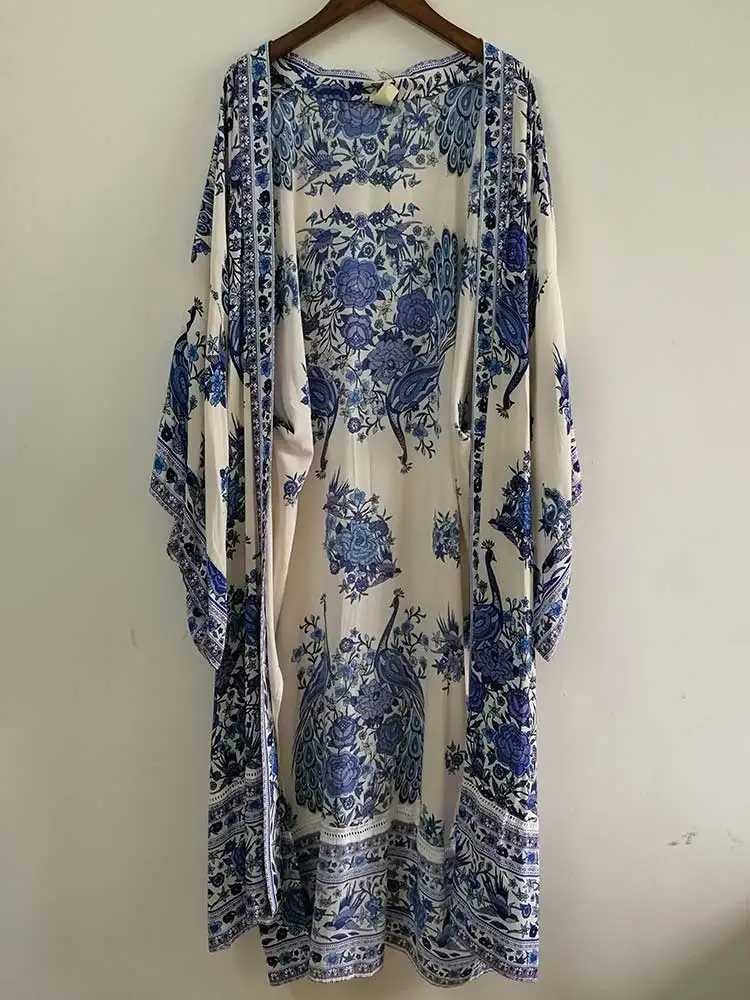 Богемный Вдохновленный Феникс Цветочный Принт Длинное кимоно блузка с разрезом по бокам Кардиган женские летние топы Макси пляжные Блузы цыганский шик