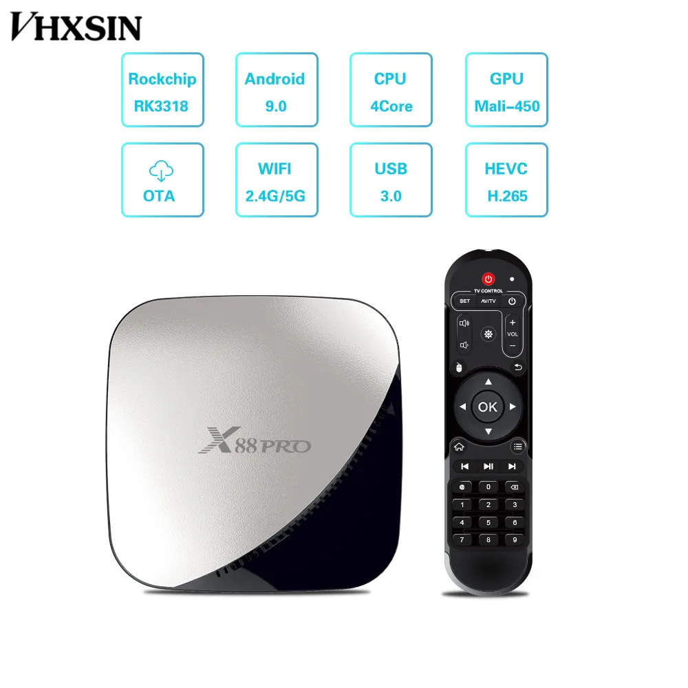 VHXSIN 60 шт./лот X88 PRO Android 9,0 4K Rockchip RK3318 Четырехъядерный 4 Гб 64 Гб 2,4 г/5 г WiFi