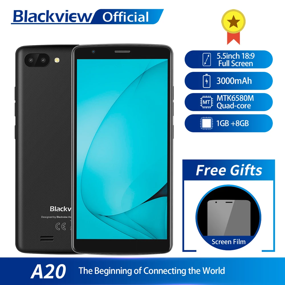 Blackview A20 5,5 дюйма 18:9 MTK6580M 4 ядра смартфон 1 ГБ + 8 ГБ Android GO Dual SIM 3g мобильного телефона 3000 мАч Батарея