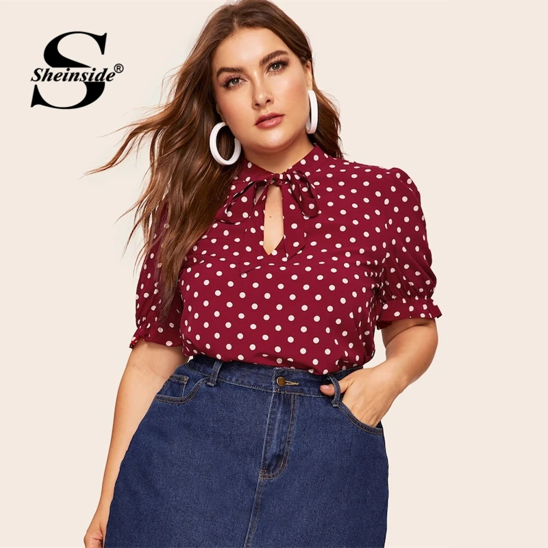

Sheinside Plus Size Elegant Polka Dot Print Bow Tie Neck Blouse Ladies Casual Puff Sleeve Blouses Ladies Casual Burgundy Top