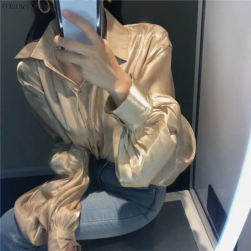 WHITNEY WANG Blouses 2020 Spring Fashion Streetwear Lantern Sleeve Metallic Satin Blouse Women blusas Lady Shirt Top | Женская одежда