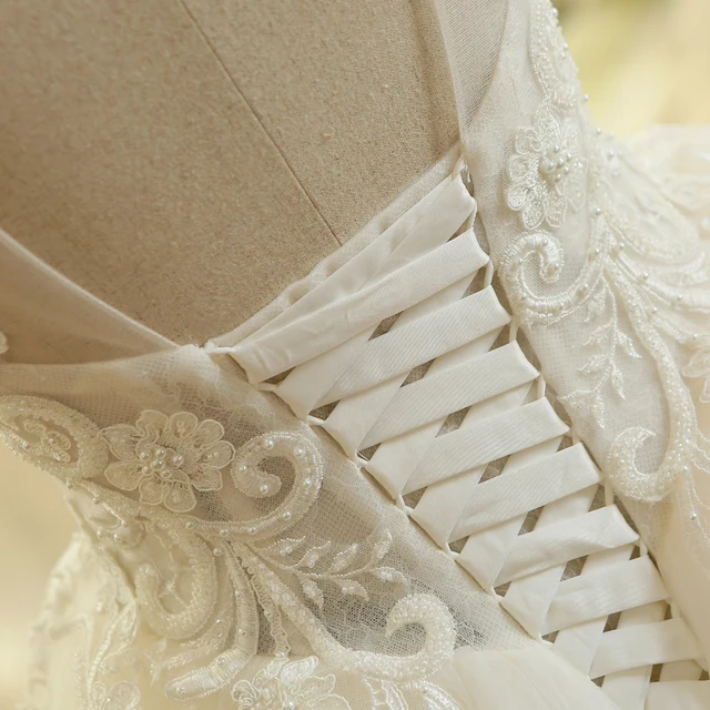 SL-614 Pearls Beaded Ball Gown Wedding Dresses 2019 New Design Lace Cap Sleeve Plus Size Arabic Princess Backless Wedding Dress 5