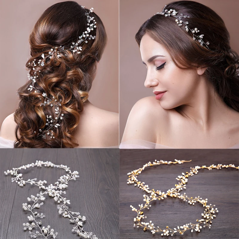 

TUANMING 1pcs 50-100cm Rhinestone Simulated Pearl Luxury Headbands Long Hair Chain Headpiece Tiara Wedding Bridal Accessories
