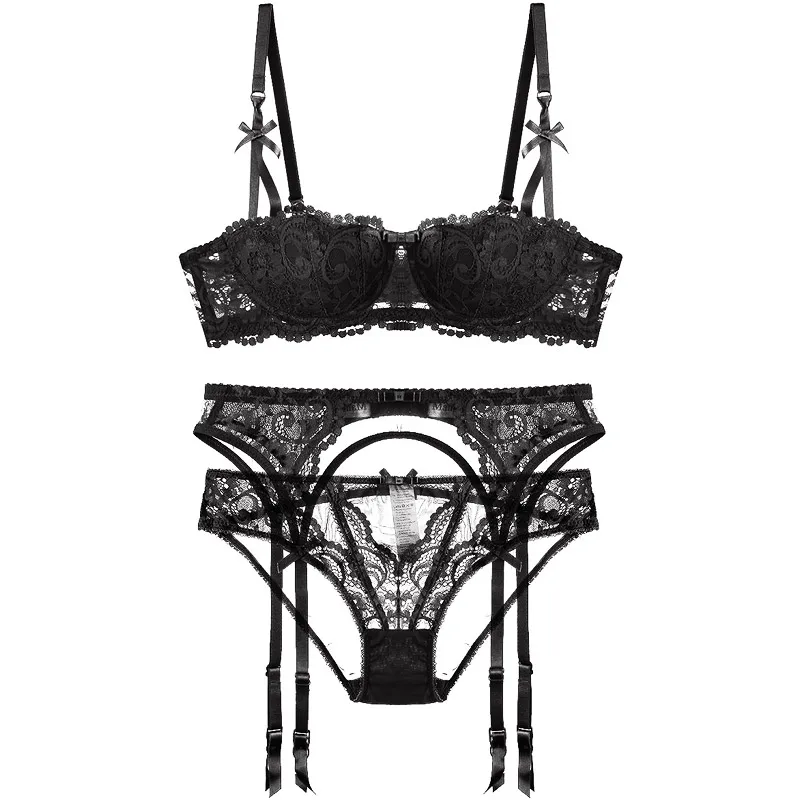 Plus Size Women Sexy Lingerie Set Embroidery Half Cup Bra Set Intimates Thin Temptation Black White Bra And Panty With Garters