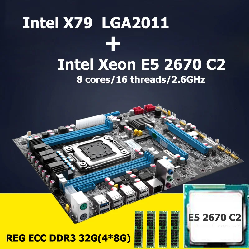 HUANAN motherboard CPU RAM set Intel X79 LGA 2011 motherboard with CPU Xeon E5 2670 C2 revision 2.47 (4*8G)32G DDR3 REG ECC lga 2011 x79 series motherboard soldering cpu socket r with tin balls