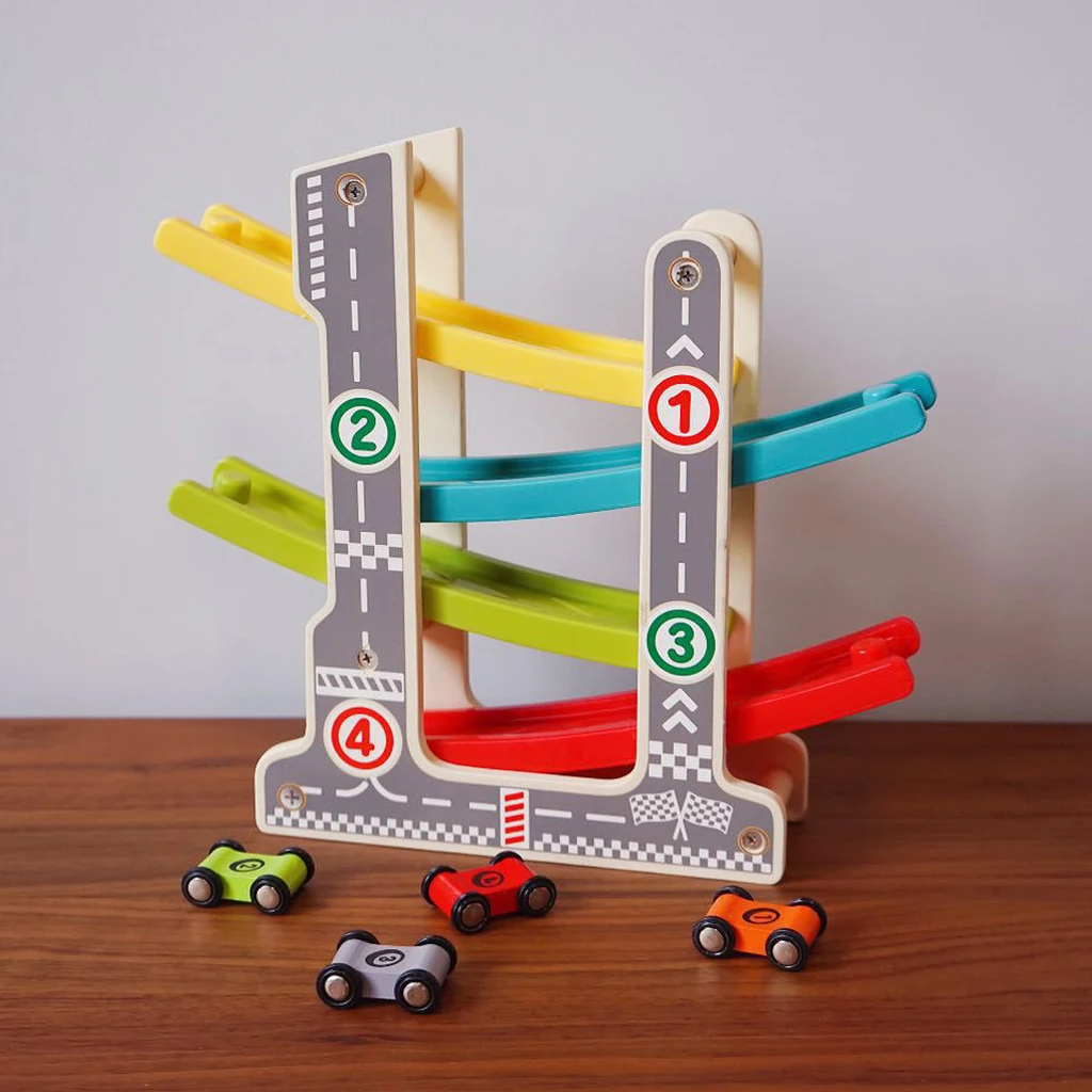 Wooden Click Clack Racetrack Ramp Racer Race Track Car Game Playset for Kids Children Boys Girls