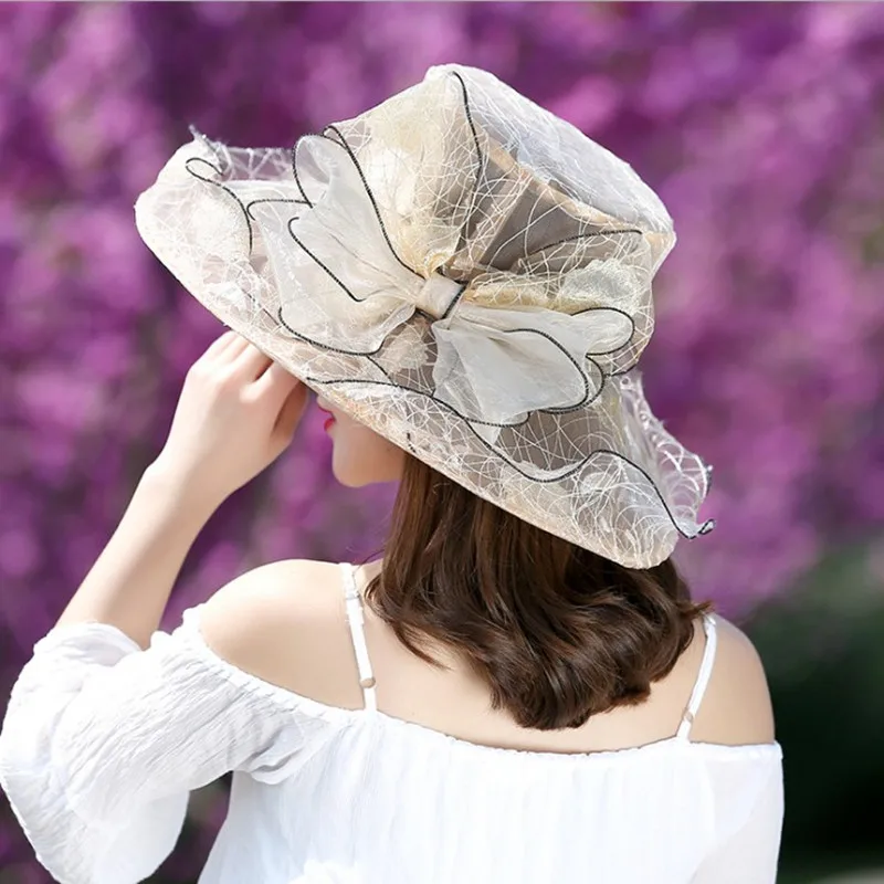 Элегантные модные женские кружевные церковные шляпы для женщин, Цветочная шляпа, летняя шляпа от солнца, свадебная шляпа Кентукки Дерби с широкими полями, морской пляж