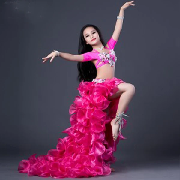 Роскошный костюм для восточных танцев, платье для детей/девочек, сексуальная ручная работа, профессиональная танцевальная одежда для выступлений, Tos& Skirt - Цвет: Pink