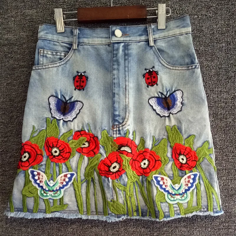 

Women Denim Skirt Bee Butterfly Flower Embroidery Mini Skirt