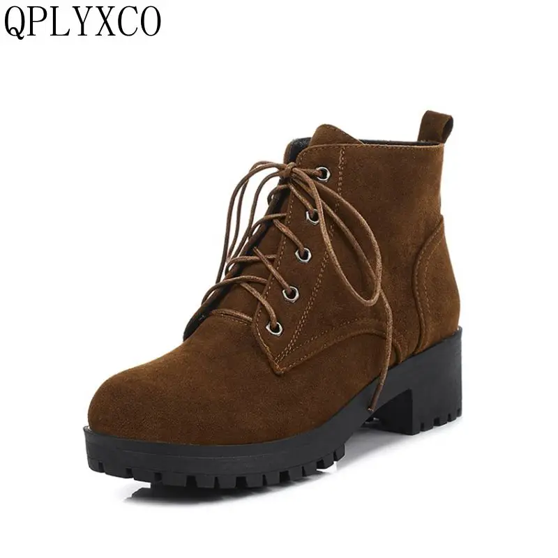 

QPLYXCO New warm Boots Big size 34-43 shoes woman ankle boot Fashion Plush Winter Women Round Toe Lace up high heels shoes 8-12