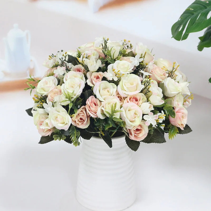 Flone Artificial European Silk Small Rose Fake Flowers Bouquet Wedding Flower Row DIY Accessories Material Home Party Decoration (13)