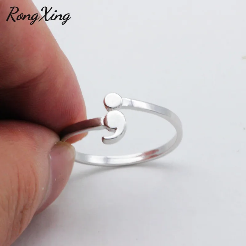 

RongXing Creative Semicolon Design Opening Wave Rings For Women Men Silver Color Inspirational Jewelry Graduate Gifts For Lover
